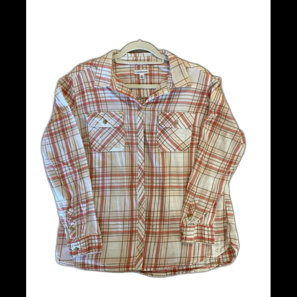 Croft & Barrow Flannel Shirt Plus Size XL Button Down Plaid Cream Orange Collar‎